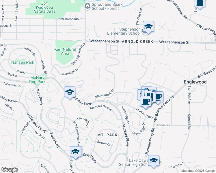 map of restaurants, bars, coffee shops, grocery stores, and more near 45 Eagle Crest Drive in Lake Oswego