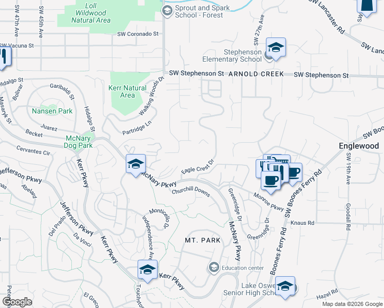 map of restaurants, bars, coffee shops, grocery stores, and more near 3236 Southwest Arrowood Drive in Portland