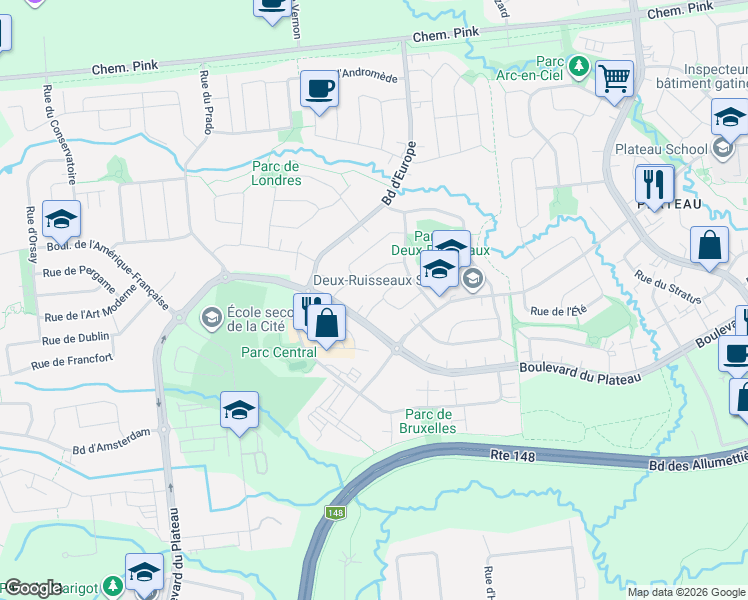 map of restaurants, bars, coffee shops, grocery stores, and more near 45 Rue du Centaure in Gatineau