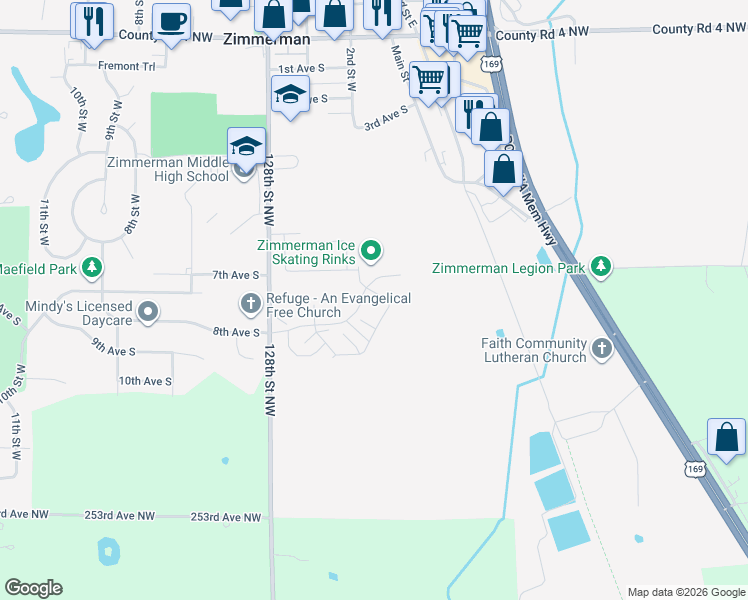 map of restaurants, bars, coffee shops, grocery stores, and more near 12606 Pond View Road in Zimmerman