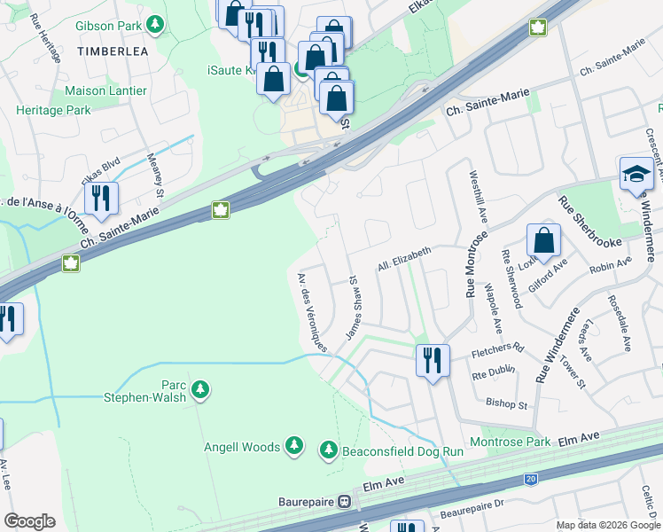 map of restaurants, bars, coffee shops, grocery stores, and more near 425 Avenue des Crécerelles in Beaconsfield