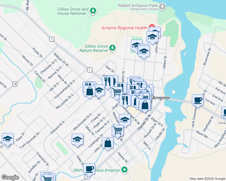 map of restaurants, bars, coffee shops, grocery stores, and more near 152 Elgin Street West in Arnprior