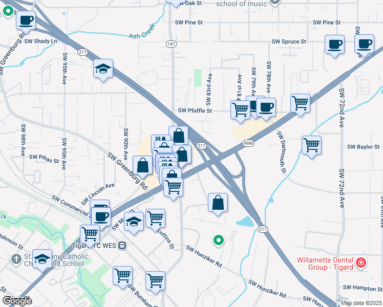 map of restaurants, bars, coffee shops, grocery stores, and more near 11710 Southwest Warner Avenue in Tigard