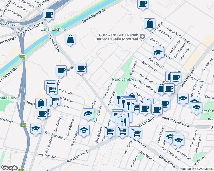 map of restaurants, bars, coffee shops, grocery stores, and more near 8477 Rue Cordner in Montréal