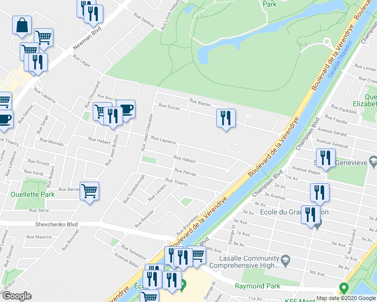 map of restaurants, bars, coffee shops, grocery stores, and more near 1434 Rue Lapierre in Montréal