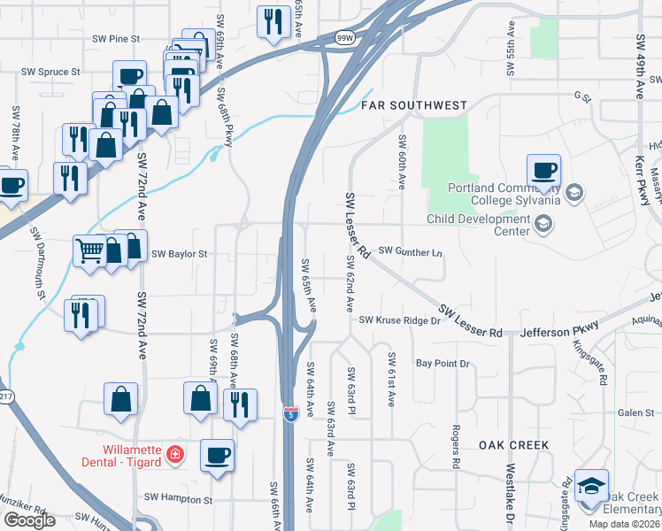 map of restaurants, bars, coffee shops, grocery stores, and more near 12530 Southwest 64th Avenue in Portland