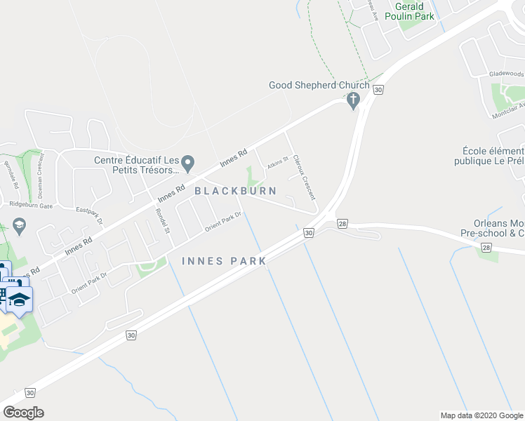 map of restaurants, bars, coffee shops, grocery stores, and more near 2444 Cléroux Crescent in Ottawa