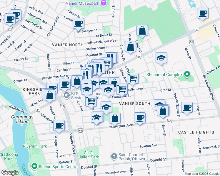 map of restaurants, bars, coffee shops, grocery stores, and more near in Ottawa