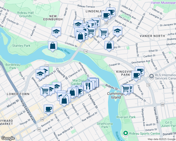 map of restaurants, bars, coffee shops, grocery stores, and more near in Ottawa