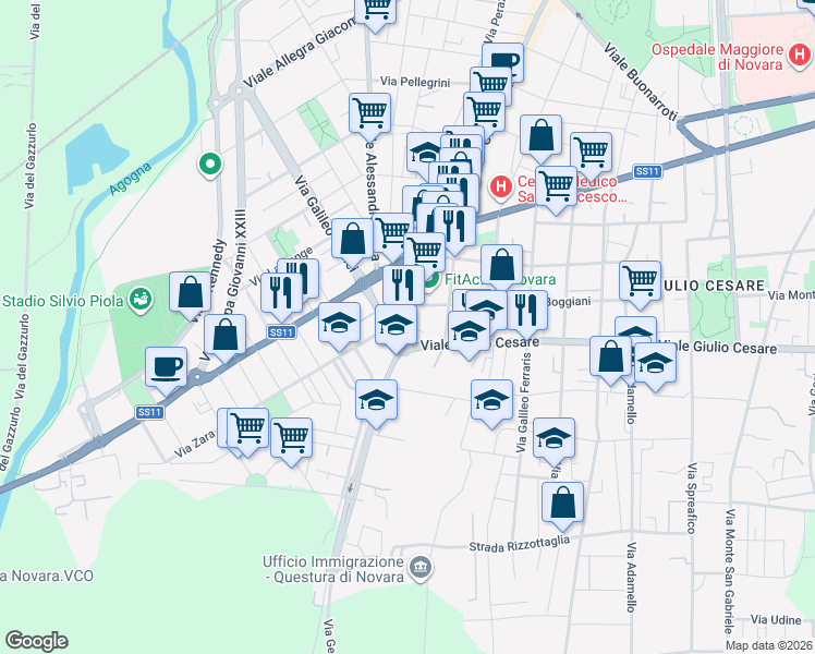 map of restaurants, bars, coffee shops, grocery stores, and more near 350-352 Viale Giulio Cesare in Novara