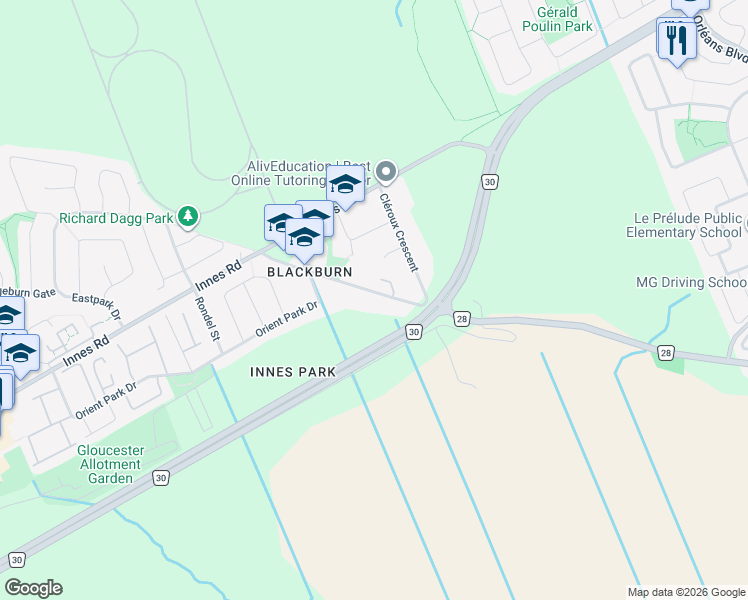 map of restaurants, bars, coffee shops, grocery stores, and more near 2478 Cléroux Crescent in Ottawa