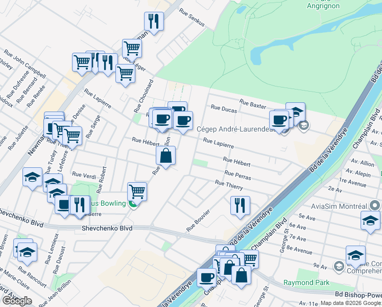 map of restaurants, bars, coffee shops, grocery stores, and more near 7615 Rue Jean-Chevalier in Montréal