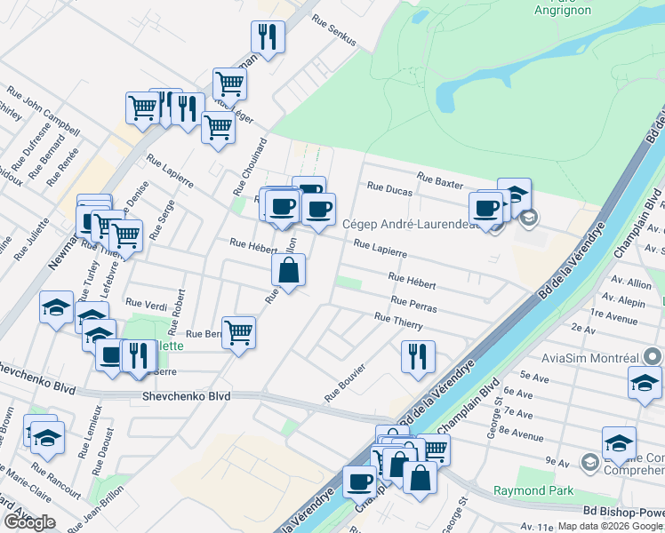 map of restaurants, bars, coffee shops, grocery stores, and more near 7615 Rue Jean-Chevalier in Montréal