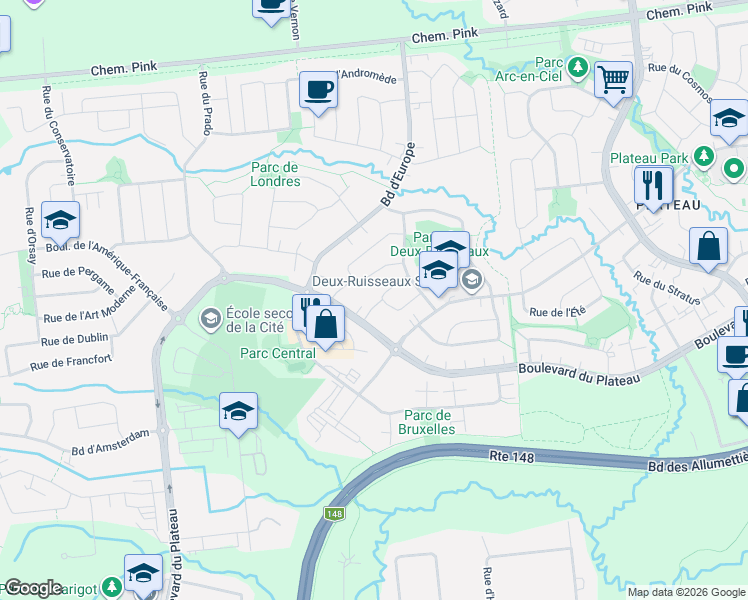 map of restaurants, bars, coffee shops, grocery stores, and more near 45 Rue du Centaure in Gatineau