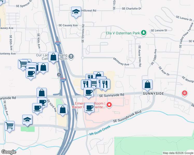 map of restaurants, bars, coffee shops, grocery stores, and more near 9895 Southeast Stevens Road in Happy Valley