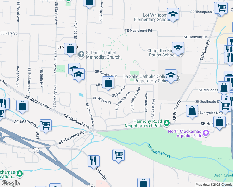 map of restaurants, bars, coffee shops, grocery stores, and more near 6601 Southeast Plum Drive in Milwaukie