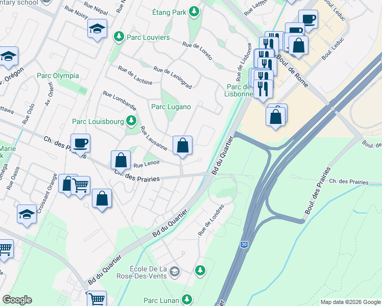 map of restaurants, bars, coffee shops, grocery stores, and more near 7925 Rue Lausanne in Brossard