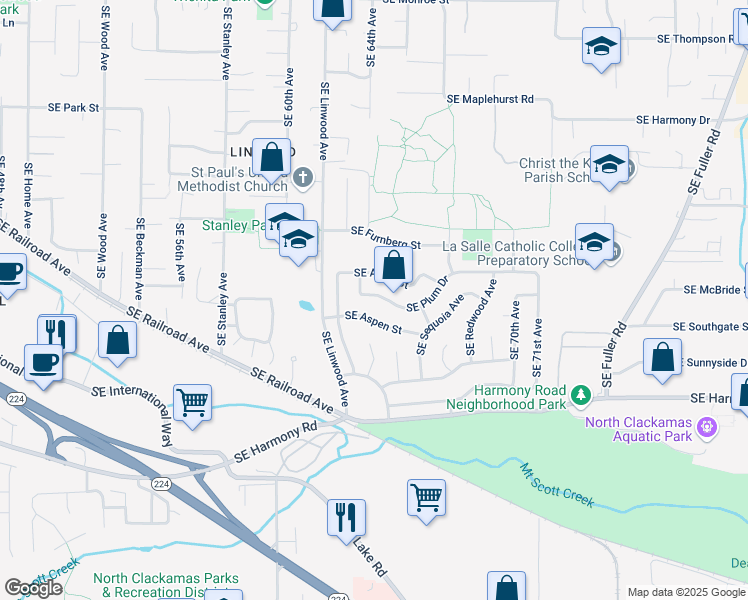 map of restaurants, bars, coffee shops, grocery stores, and more near 6420 Southeast Plum Drive in Milwaukie