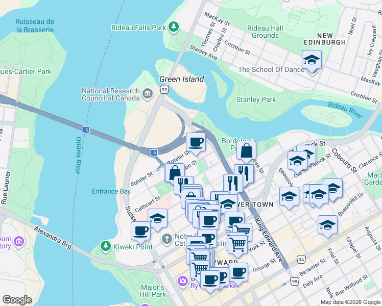 map of restaurants, bars, coffee shops, grocery stores, and more near 205 Bolton Street in Ottawa