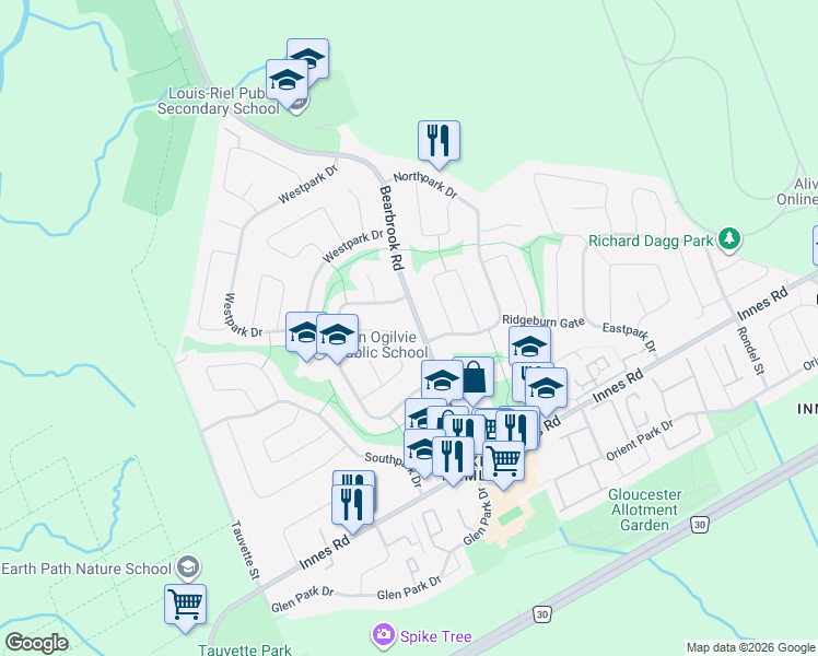 map of restaurants, bars, coffee shops, grocery stores, and more near 25 Silver Aspen Crescent in Ottawa