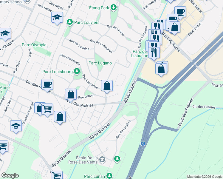 map of restaurants, bars, coffee shops, grocery stores, and more near 7925 Rue Lausanne in Brossard