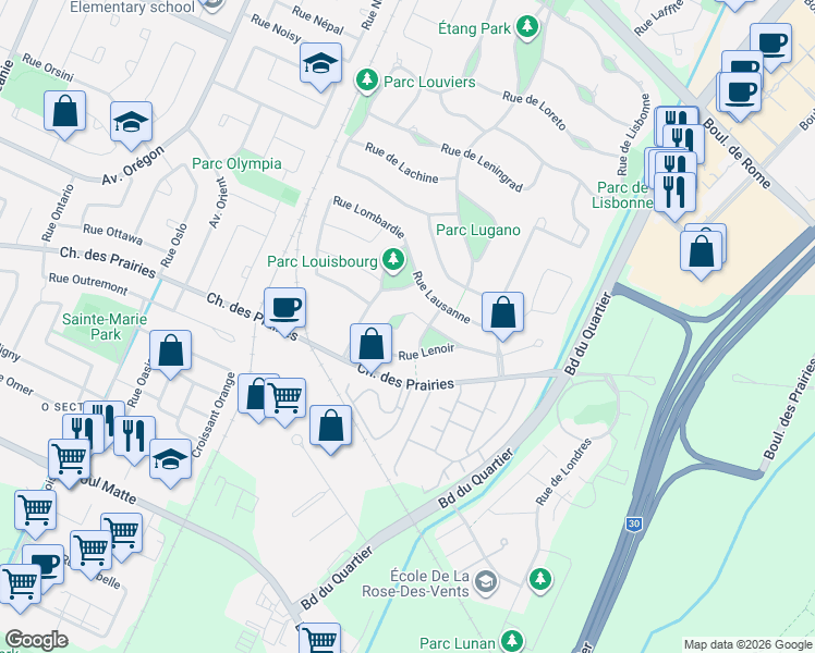 map of restaurants, bars, coffee shops, grocery stores, and more near 4125 Rue Laubia in Brossard