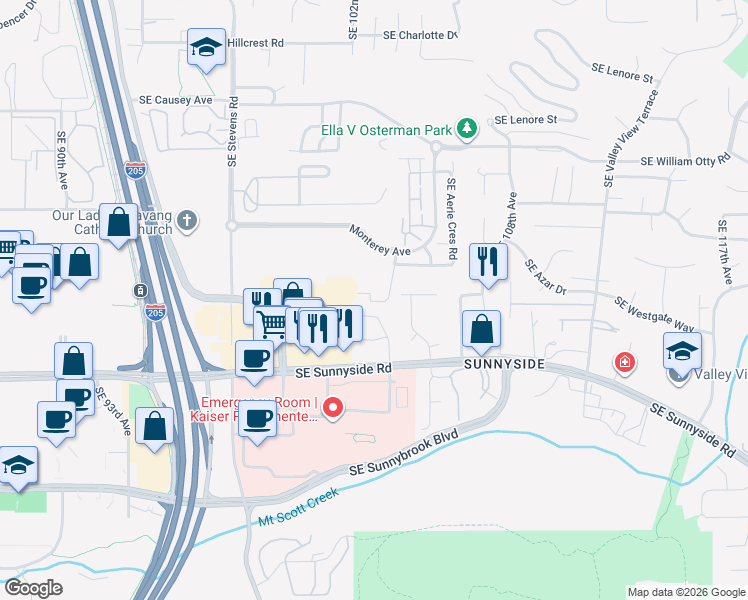 map of restaurants, bars, coffee shops, grocery stores, and more near 12208 Southeast 104th Court in Happy Valley