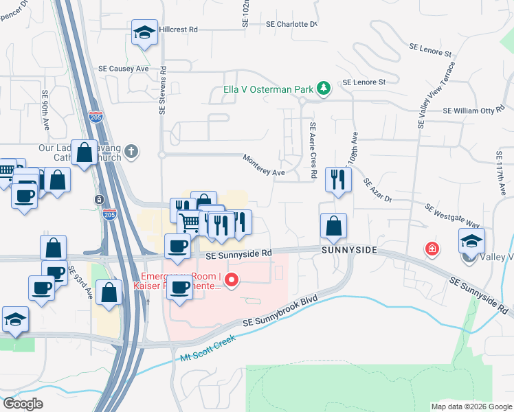 map of restaurants, bars, coffee shops, grocery stores, and more near 12208 Southeast 104th Court in Happy Valley