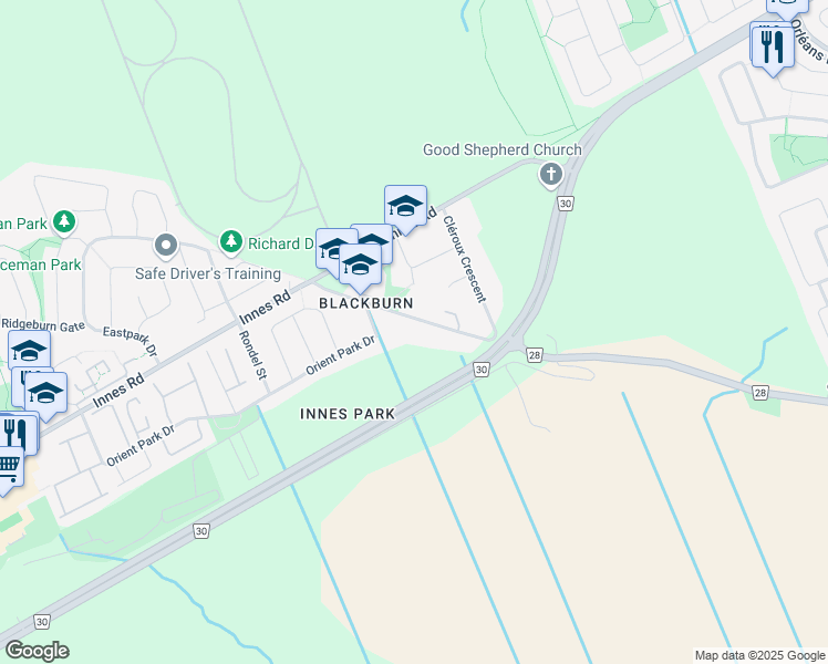 map of restaurants, bars, coffee shops, grocery stores, and more near 2444 Cléroux Crescent in Ottawa