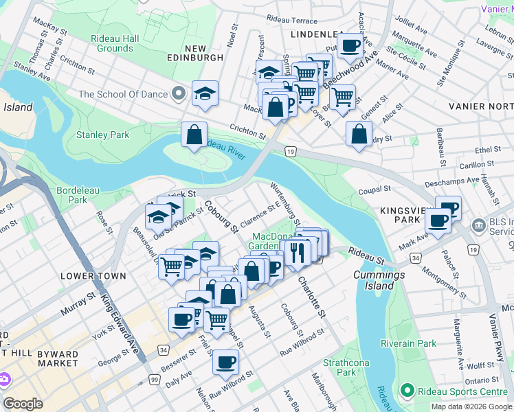 map of restaurants, bars, coffee shops, grocery stores, and more near in Ottawa