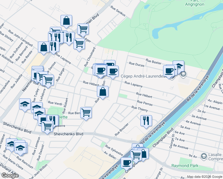 map of restaurants, bars, coffee shops, grocery stores, and more near 2006 Rue Hébert in Montréal