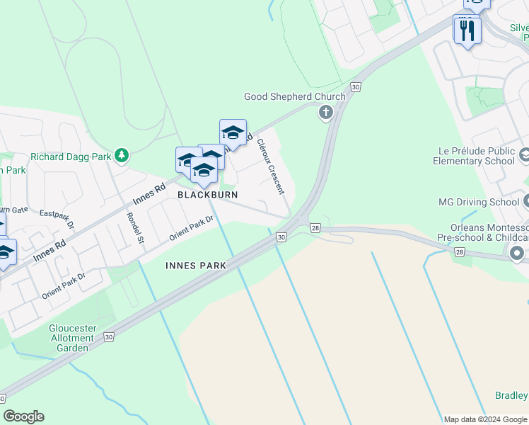 map of restaurants, bars, coffee shops, grocery stores, and more near 2503 Cléroux Crescent in Ottawa