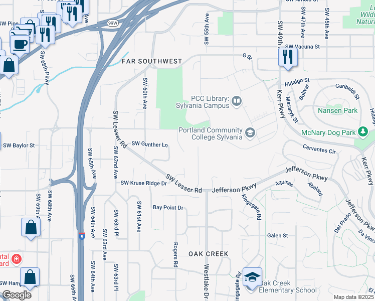 map of restaurants, bars, coffee shops, grocery stores, and more near 12515 Southwest 55th Place in Portland