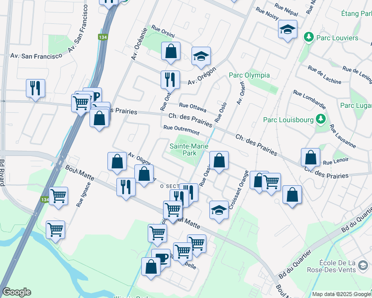 map of restaurants, bars, coffee shops, grocery stores, and more near 8990 Rue Othello in Brossard