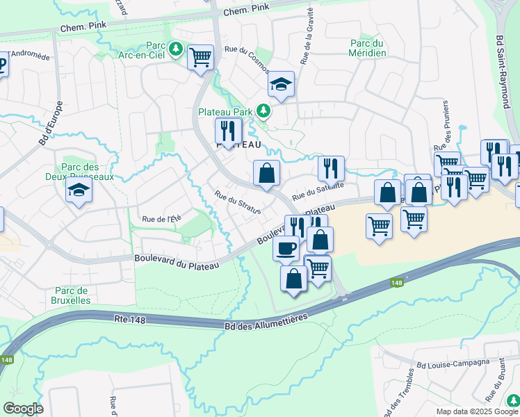 map of restaurants, bars, coffee shops, grocery stores, and more near 93 Rue du Stratus in Gatineau