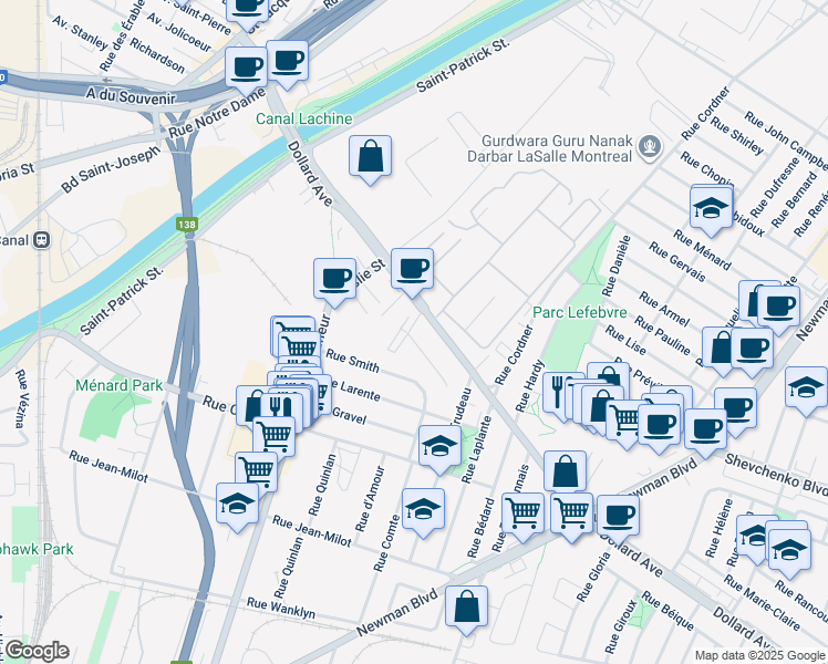 map of restaurants, bars, coffee shops, grocery stores, and more near 655 Rue de Hull in Montréal