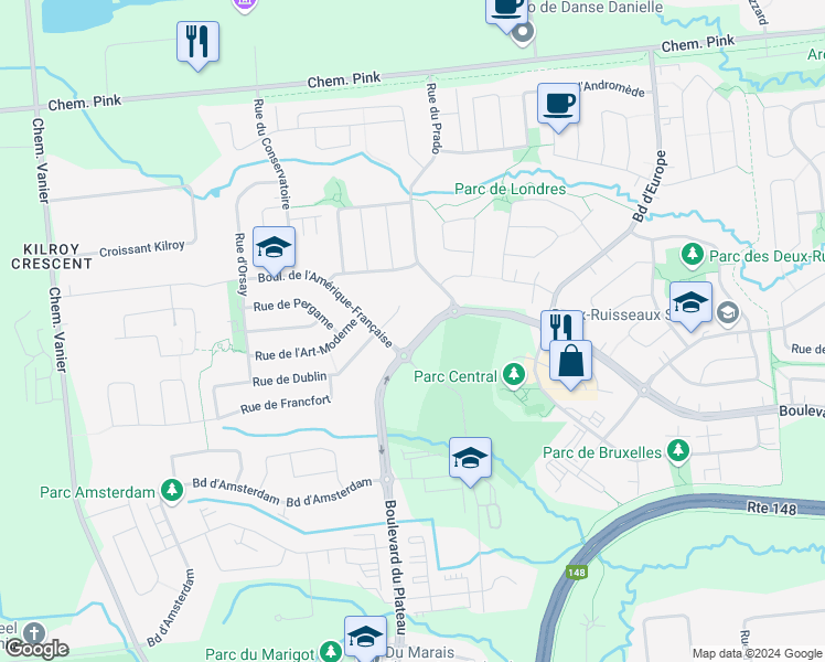 map of restaurants, bars, coffee shops, grocery stores, and more near 225 Rue de Dublin in Gatineau