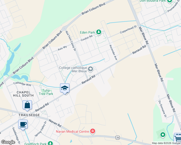 map of restaurants, bars, coffee shops, grocery stores, and more near 6401 Renaud Road in Ottawa