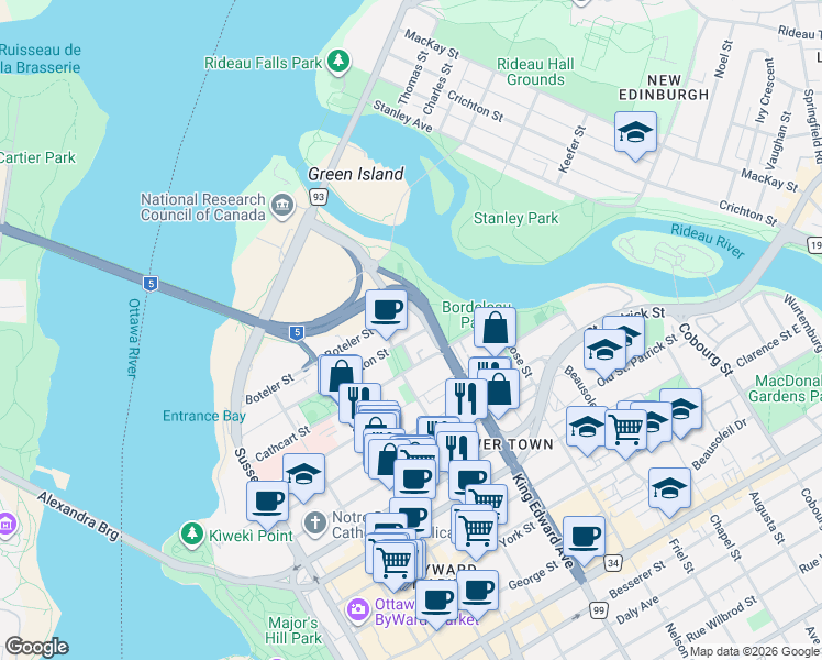 map of restaurants, bars, coffee shops, grocery stores, and more near 251 Bolton Street in Ottawa