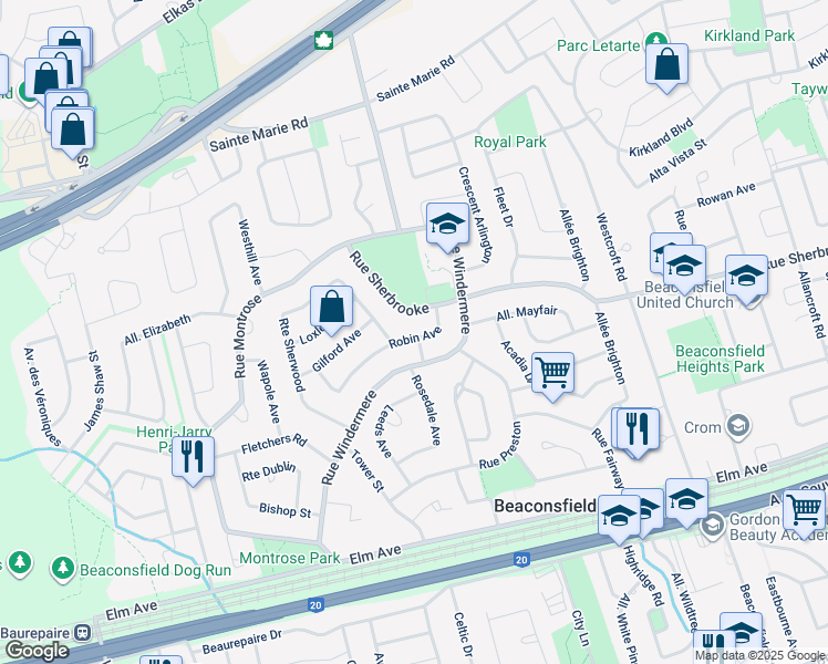 map of restaurants, bars, coffee shops, grocery stores, and more near 347 Avenue Robin in Beaconsfield