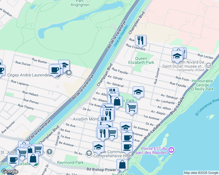 map of restaurants, bars, coffee shops, grocery stores, and more near 655 Avenue Lacharité in Montréal