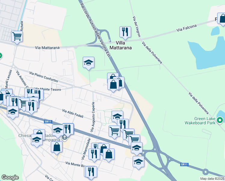 map of restaurants, bars, coffee shops, grocery stores, and more near 39 Via Ulderico Marotto in Verona