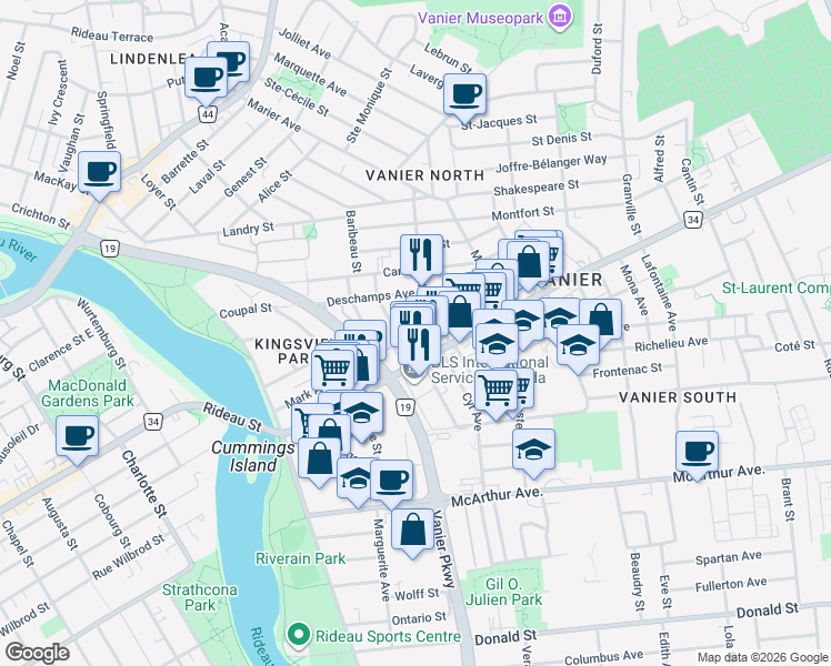 map of restaurants, bars, coffee shops, grocery stores, and more near 262 Emond Street in Ottawa