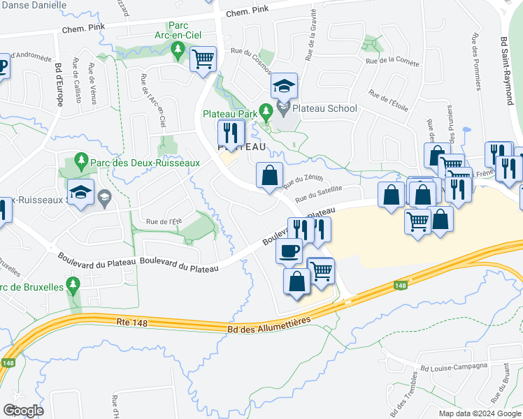 map of restaurants, bars, coffee shops, grocery stores, and more near 93 Rue du Stratus in Gatineau