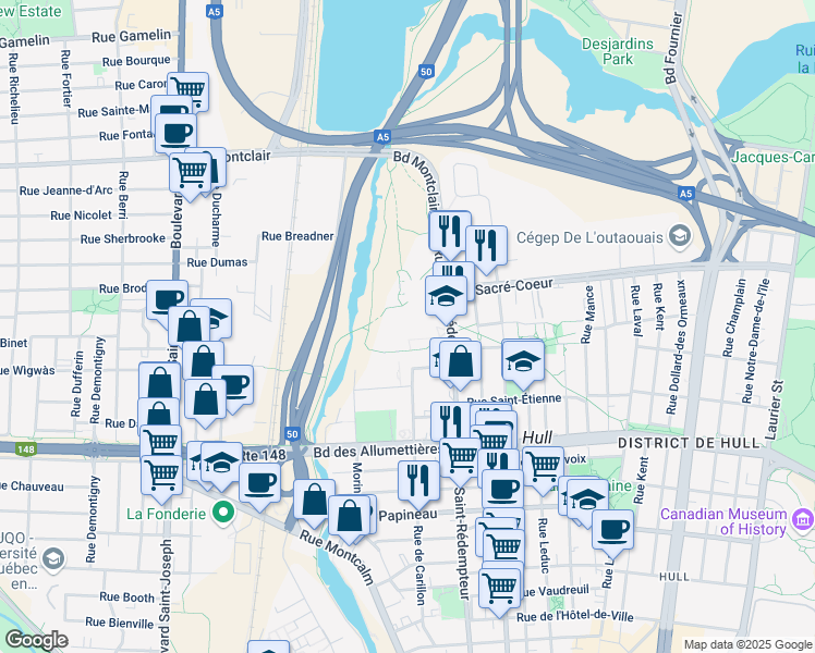 map of restaurants, bars, coffee shops, grocery stores, and more near 255 Rue Saint Rédempteur in Gatineau