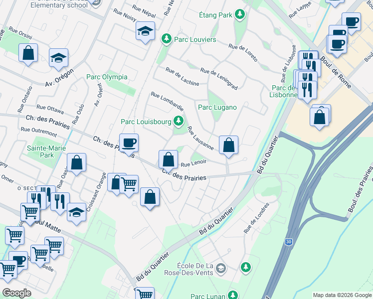 map of restaurants, bars, coffee shops, grocery stores, and more near 4135 Rue Laubia in Brossard