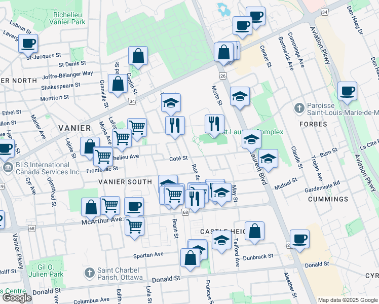 map of restaurants, bars, coffee shops, grocery stores, and more near 717 Rue de l'Église in Ottawa