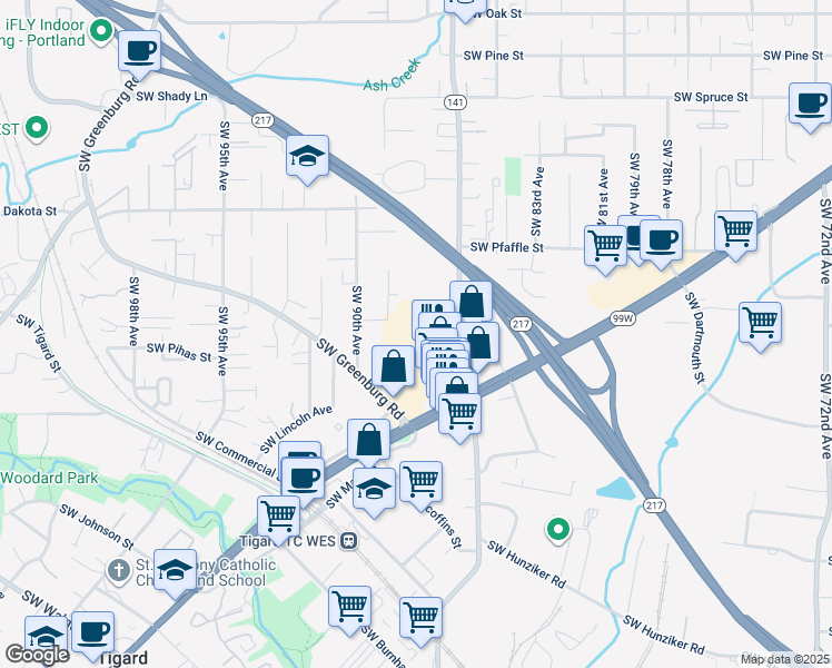 map of restaurants, bars, coffee shops, grocery stores, and more near 11930 Southwest Greenburg Road in Tigard