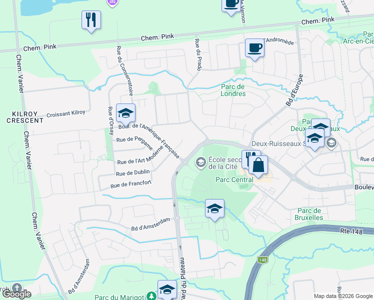 map of restaurants, bars, coffee shops, grocery stores, and more near 225 Rue de Dublin in Gatineau