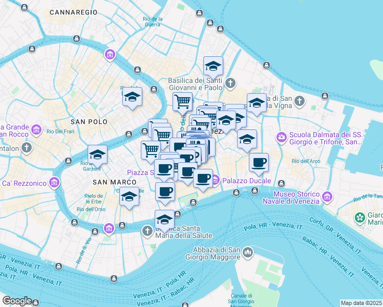 map of restaurants, bars, coffee shops, grocery stores, and more near 411 Calle Larga San Marco in Venezia